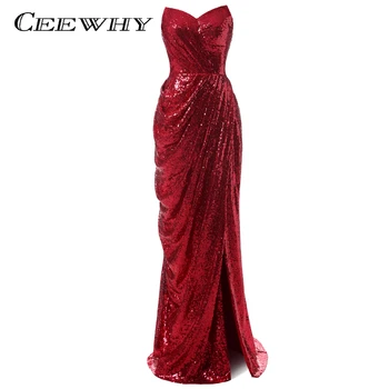 

Strapless Prom Floor Length Elegant Long Evening Dress Trumpet/Mermaid Dress Sequined Split Prom Party Dress Vestido de Festa