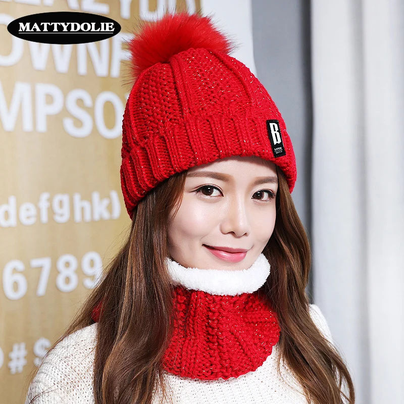 

MATTYDOLIE B Letter Knit Hat Woman Winter Hat Collar Set Warm Student Bike Windproof Snow Protection Ear Hat Plus Velvet Cap