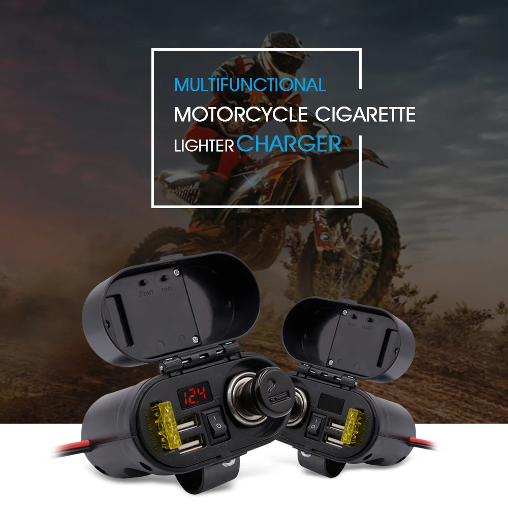 

Motorcycle Cigarette Lighter Dual USB Charger Voltmeter Time Display Waterproof with Cigarette Lighter Socket