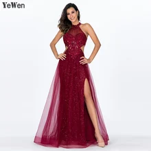 Красные сексуальные кружевные вечерние платья Длинные с высоким разрезом без спинки без рукавов тюлевые Платья Для Свадебное праздничное платье de Soiree longue