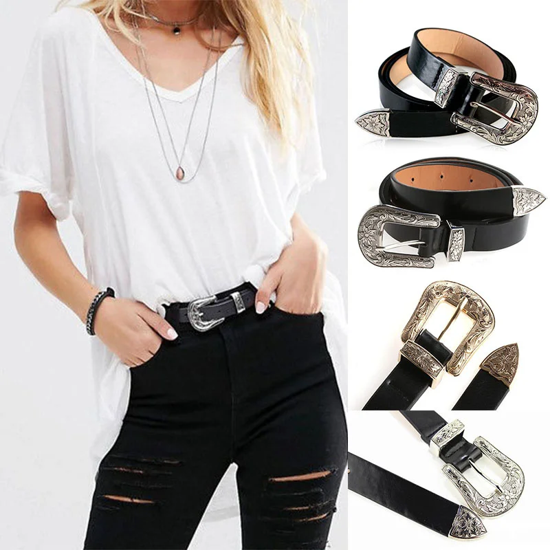 

Fashion Women Ladies Vintage Retro Carving Metal Single Pin Buckle Belt PU Leather Waist Strap Waistband All-Match Accessories