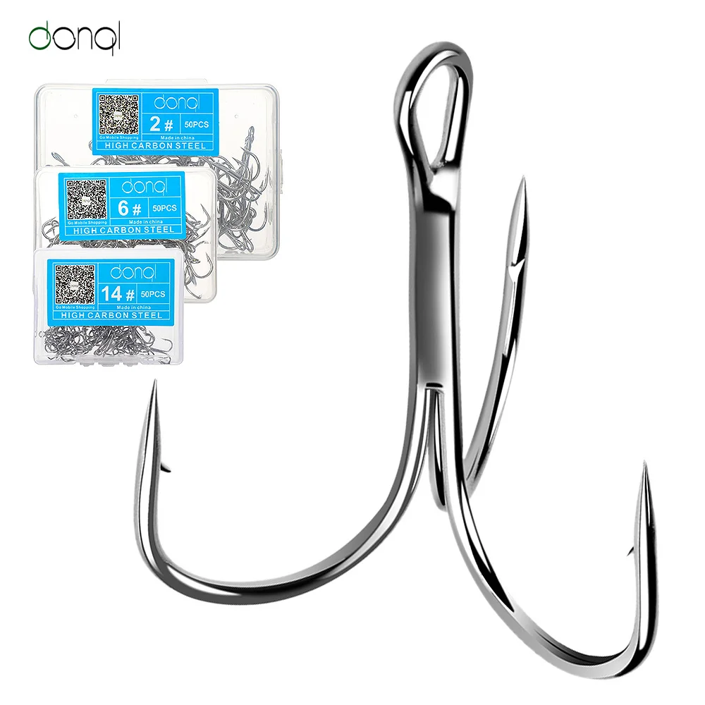 

DONQL 50pcs/Box High Carbon Steel Treble Hook Fishing Hooks Offset Hooks for Carp Fishing Pesca Overturned Hooks Fishing Tackle