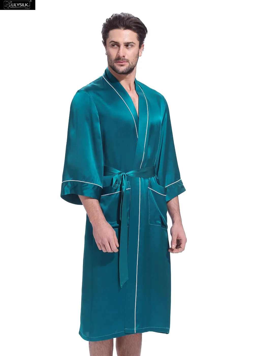 LilySilk халат пижамы кимоно для мужчин чистый шелк Белый отделанный три четверти