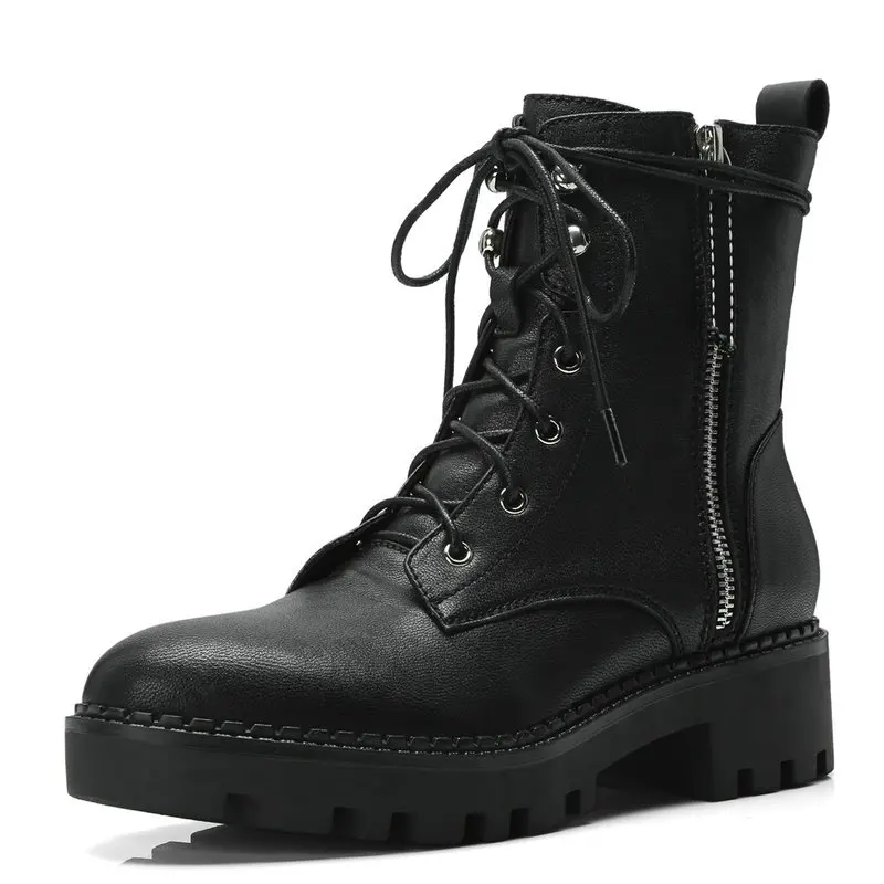Luxury Genuine Leather Riding Boots Women Black White Square Heel Platform Ankle Boots Ladies Zipper Lace up Short Boots