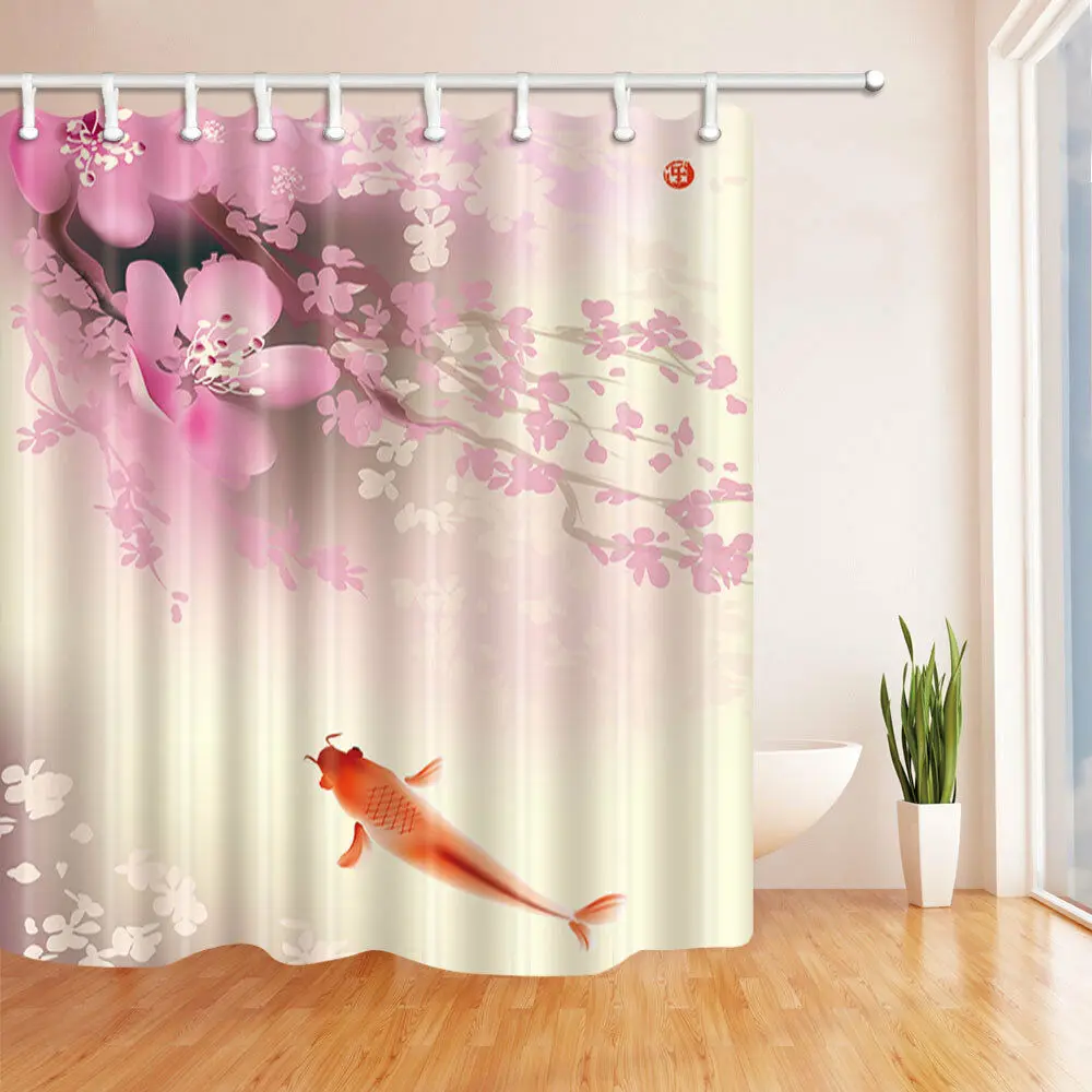 Розовый Вишневый цвет и красная рыба ванная комната занавеска для душа водонепроницаемая ткань