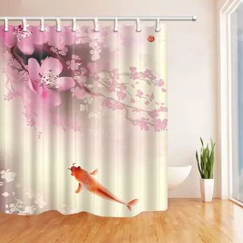 

Pink cherry blossoms and red fish Bathroom Shower Curtain Waterproof Fabric