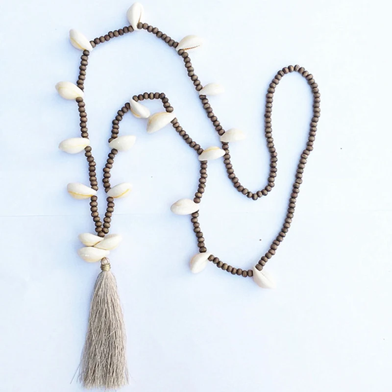 

Dongmu jewellery bohemian style beach shell fashion necklace wooden pearl tassel woman hand long chain necklace birthday gift