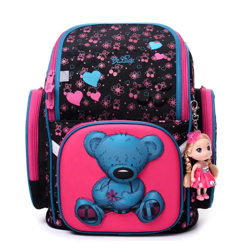 

2018 Delune Brand High Quality Kids School Bags for Girls 3D Bear Print Cartoon SchoolBag Children 3D Orthopedic School Backpack