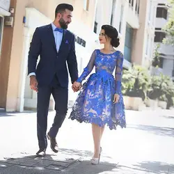 Дешевые выпускные платья 2016 line короткие королевский синий пром dress длинным рукавом элегантные саудовская арабский вечерние платья vestido де