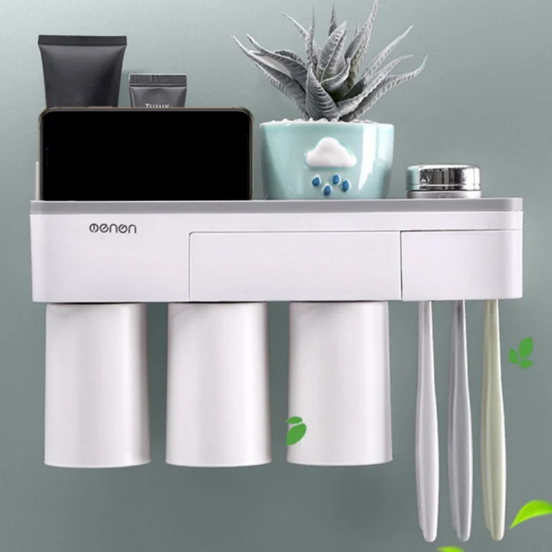 

Magnetic Adsorption Inverted Toothbrush Holder Makeup Cleanser Toothpaste Home Simple Wall-mounted Bathroom Storage Bag Set