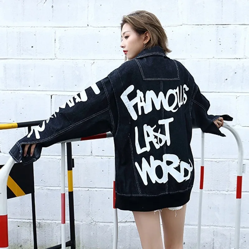 

2019 Spring Autumn Streetwear Black Bomber Jacket BF Letter Printed graffiti Loose denim Jacket Women Кэжуал Feminina NZY28
