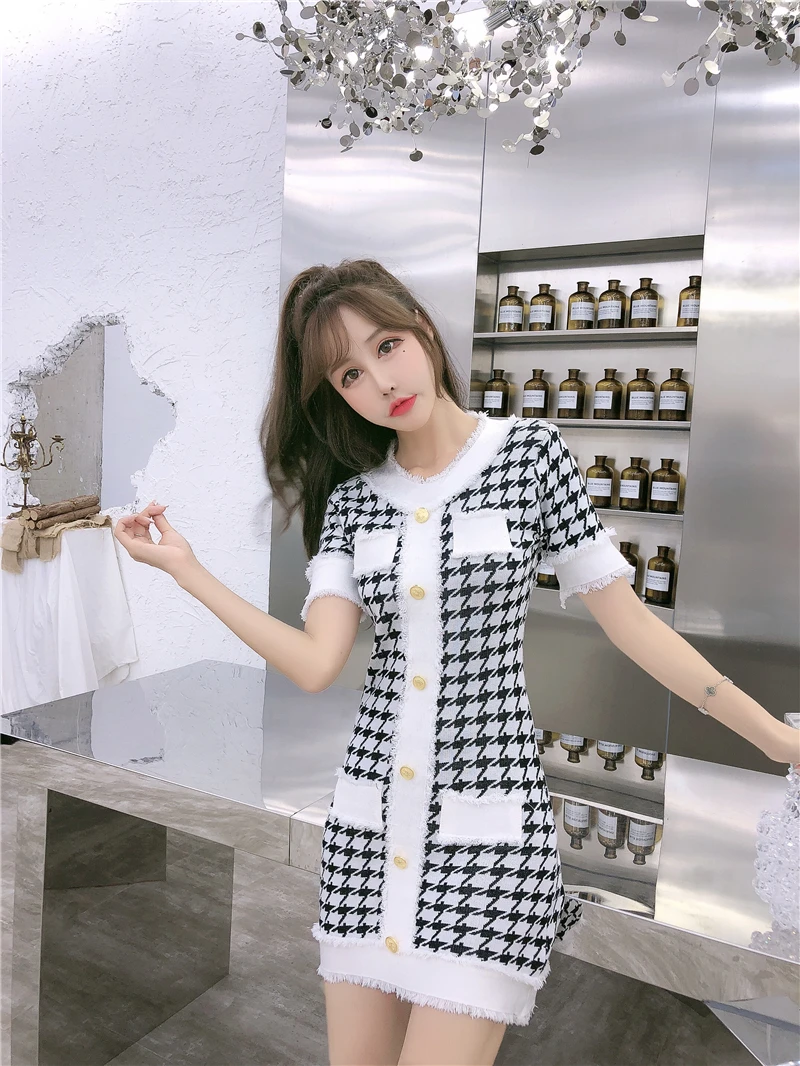 New Fashion Runway Jacquard Summer Dress Elegant Women Vintage Black White Houndstooth Dresses Ladies knitted Dress