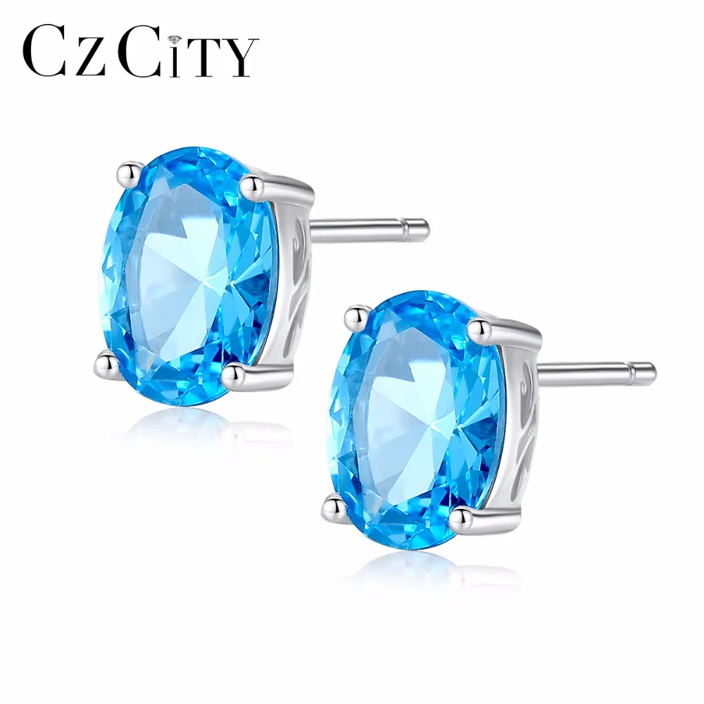 

CZCITY Topaz Earrings 1.8 Carat Oval Sky Blue Topaz Birthstone 925 Sterling Silver Stud Earring for Women Gemstone Jewelry