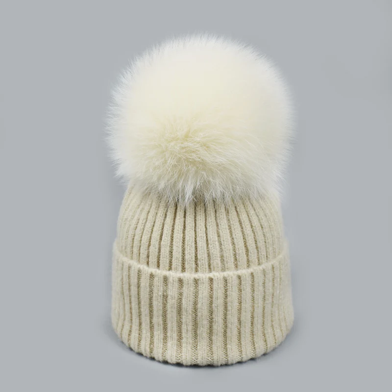 Женский зимний шарф шапка наборы Skullies толстый теплый лисий мех помпон шапка и шарф Вязаные Лыжные шапочки gorro для взрослых и детские шапочки - Color: Hat Beige