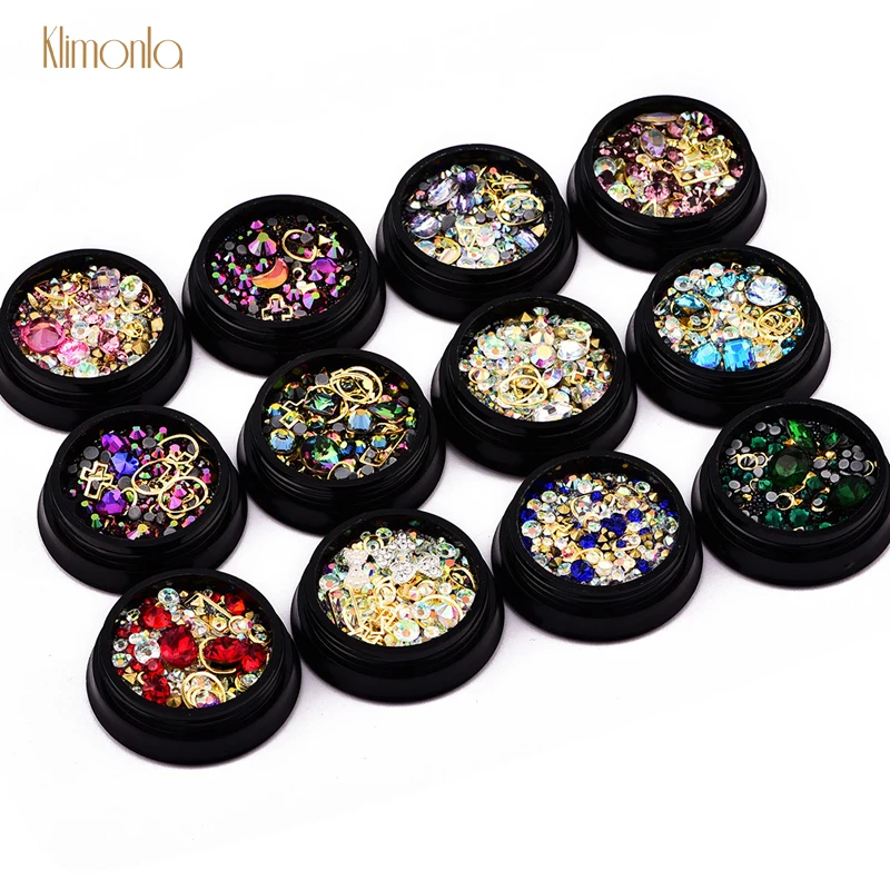 

12 Bottles Nail Art Rhinestones Crystal Stones Mix Design Alloy Nail Jewelry Beads Colorful Nail Decoration Tips