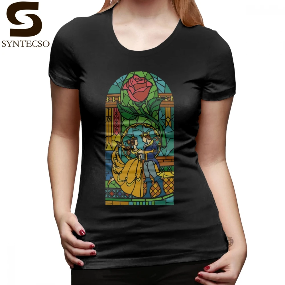 

Windows T-Shirt Beauty And The Beast Stained Glass T Shirt Graphic O Neck Women tshirt Short-Sleeve White Ladies Tee Shirt