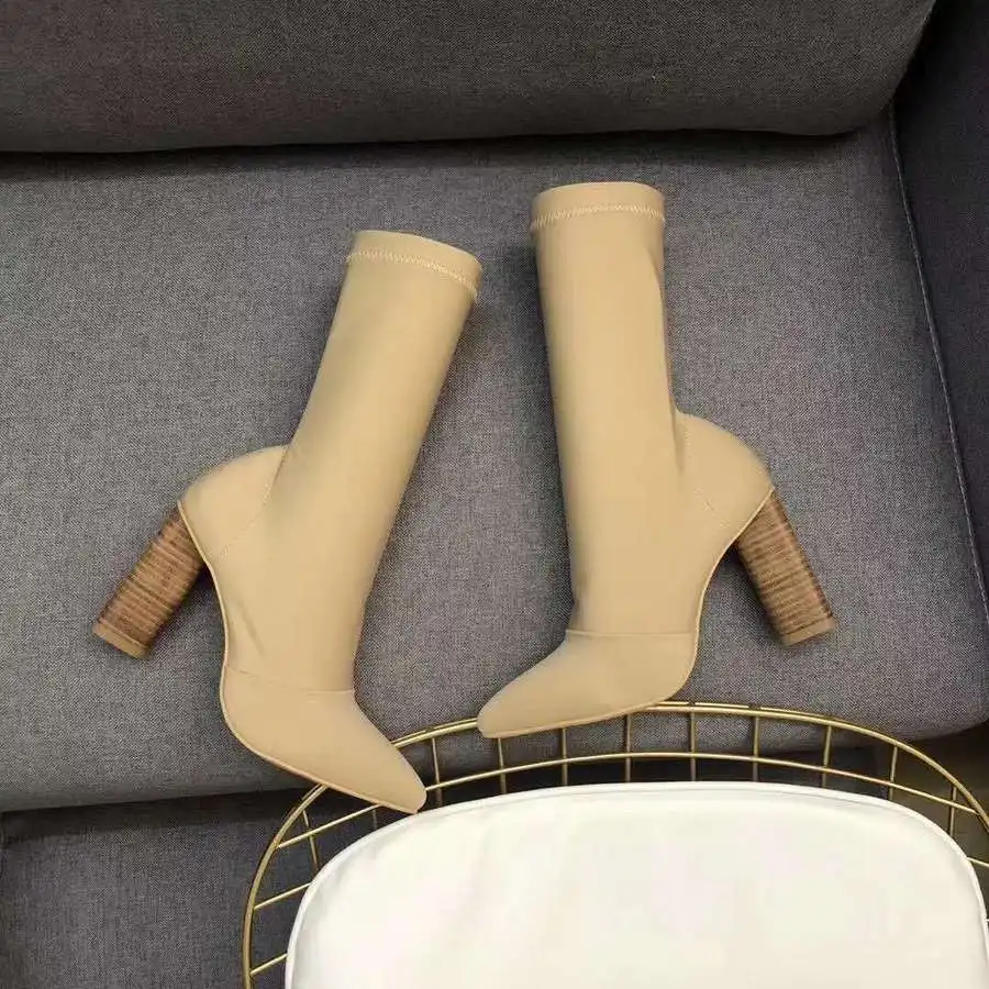 

Dwayne Women's Boots Pointed Toe Yarn Elastic Ankle Boots Thick High Heels Shoes Female High-Heeled Black Beige Stretch boots