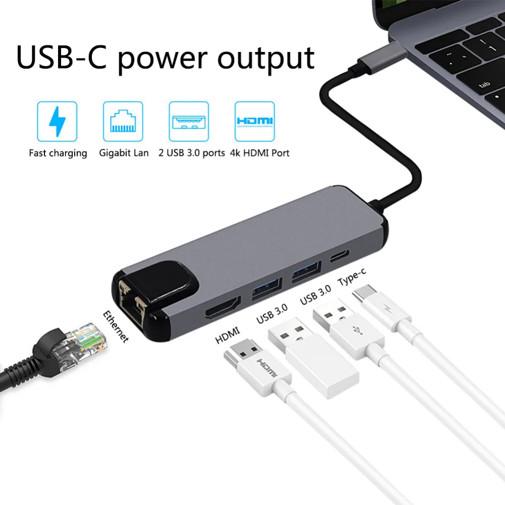 5 in 1 USB Type C Hub HDMi USB C Hub to Gigabit Ethernet Rj45 Lan Adapter Cable for Macbook Pro Thunderbolt 3 USB-C Charger Port 5 in 1 USB Type C Hub HDMi USB C Hub to Gigabit Ethernet Rj45 Lan Adapter Cable for Macbook Pro Thunderbolt 3 USB-C Charger Port