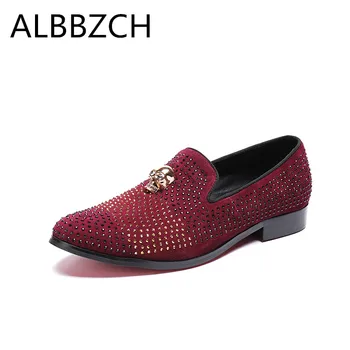 

New mens fashion metal skull rhinestone design genuine leather casual shoes men loafers red pointed toe slip on wedding shoes 46