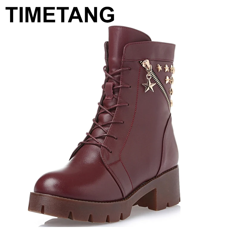 TIMETANG High quality genuine leather PU metal zipper rivets thick heel ankle boots 2017 fashion lace up women boots martin boot TIMETANG High quality genuine leather PU metal zipper rivets thick heel ankle boots 2017 fashion lace up women boots martin boot