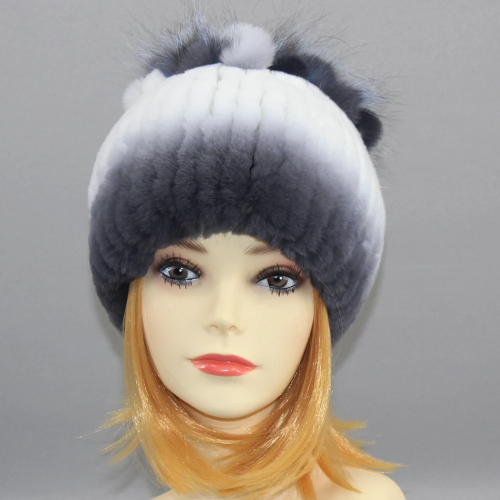 Winter Women Rex Rabbit Fur Hat With Silver Fox Fur Flowers Top Knitted Beanies Fashion Women Natural Real Fur Warm Cap