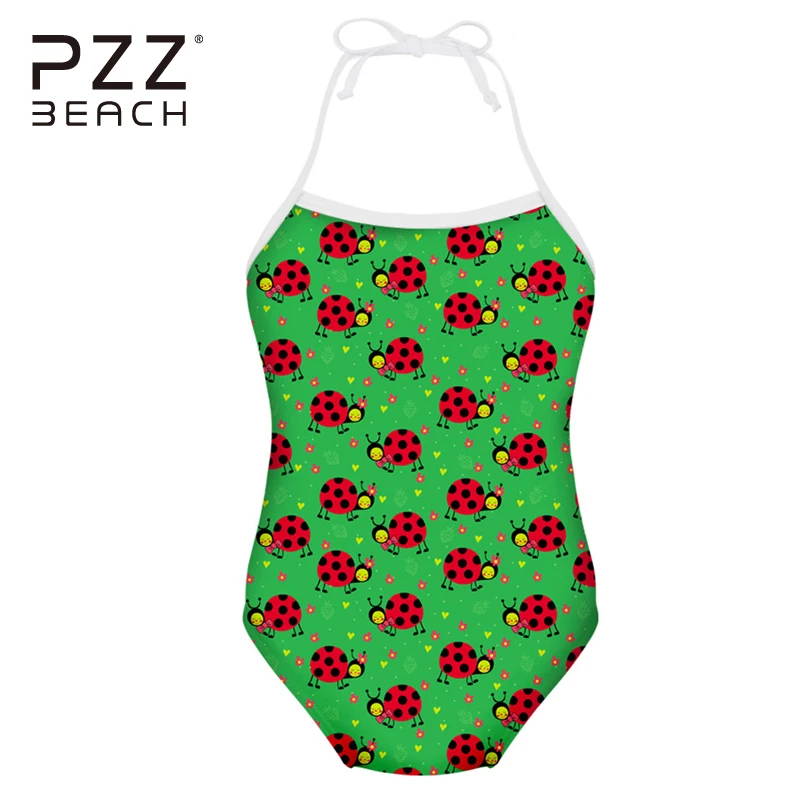 Cute Ladybird Green Girls Swimwear Halter Bikini Solid One Pieces