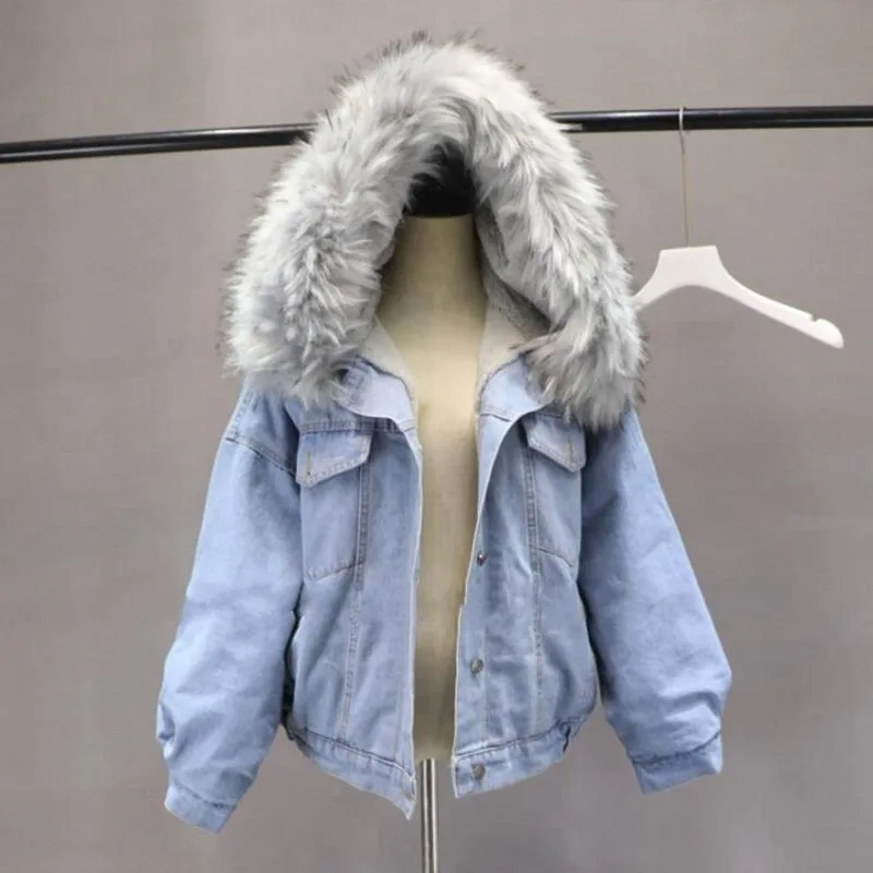 Promo New Autumn Winter Thick Warm Denim Jacket Female Faux Big Fur Collar Fleece Hooded Jean Jacket Wome