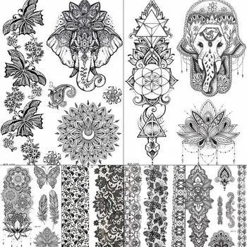 

India Lace Black Mandala Henna Floral Fake Tattoo Temporary Genasha Hamsa Arm Tatto Stickers Elephant Body Ear Waterproof Tattoo