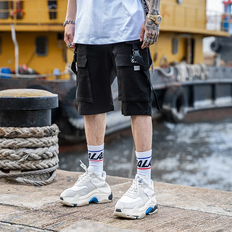 

Summer Baggy Cargo Shorts Streetwear Hip Hop Men Casual Cotton Tactical Short Trousers Ribbon Design Male Homme Shorts