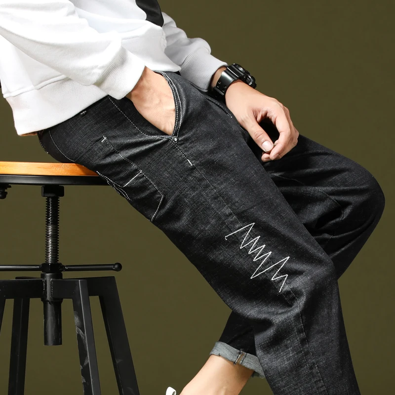 

Spring hot style men's jeans Japanese loose art electrocardiogram embroidered harlan pants pants