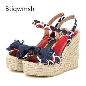 

2019 Newest Platform Sandals Women Peep Toe Butterfly Knot Mixed Color Straw Wedges Shoes Woman Party Shoes