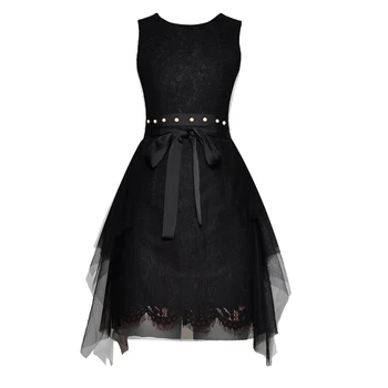

Hot Sale Women Beaded Dress Fashion O-Neck Lace A-Line Dresses With Belt E5239