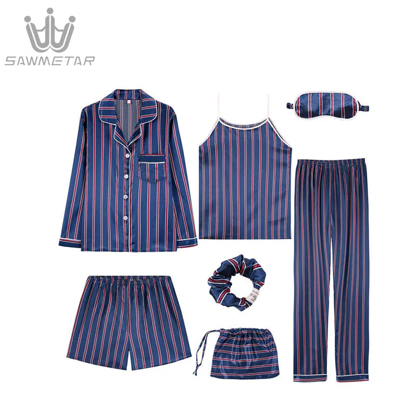 

Women Summer Pajamas Sets Emulation Silk Pijama 7 Pieces Sets Pyjamas Women Long Sleeve Print Sleepwear Turn-Down Collar Pajamas