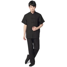 Черный китайский традиционный Мужской Хлопковый льняной костюм кунг-фу с коротким рукавом Wu Shu наборы рубашка и брюки Форма S M L XL XXL XXXL 011318