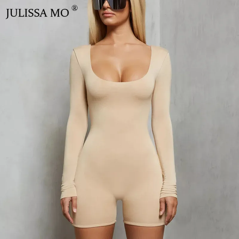 جوليسا مو الخريف طويل كم Bodycon ثوب فضفاض للمرأة بذلة مثير ساحة طوق عارية الذراعين قصيرة Playsuit قطعة واحدة ضئيلة ارتداءها