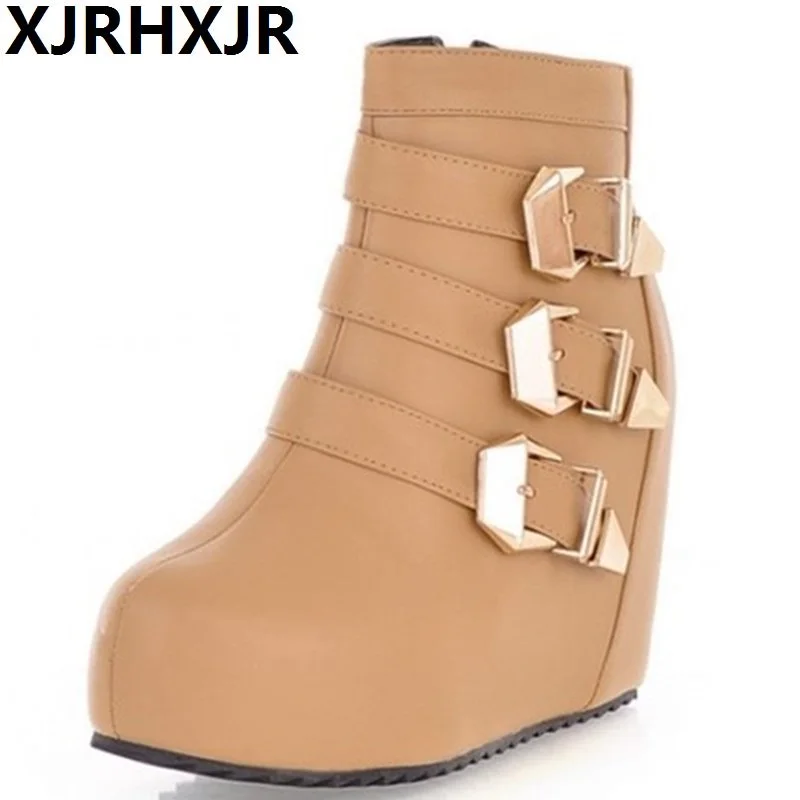 

Short Boots Shoes Woman Fashion Buckle Ankle Boots Ladies Hidden Heels Wedges Boots Female Round Toe Platform Height Increasing