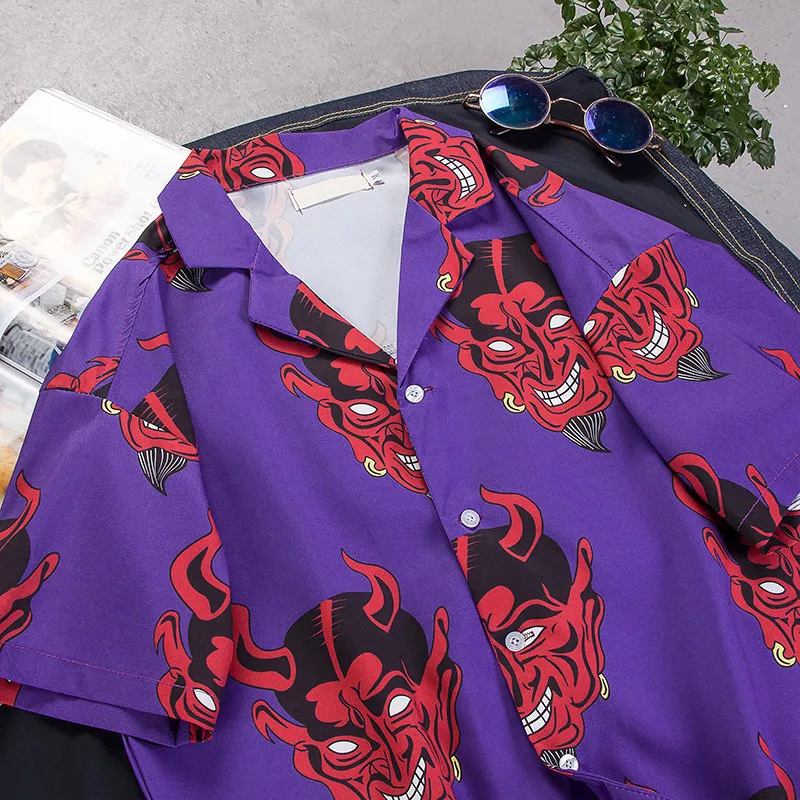 Devil Full Printing Turn-down Collar Casual Shirts Men hip hop streetwear harajuku japanses korean shirts men women 09