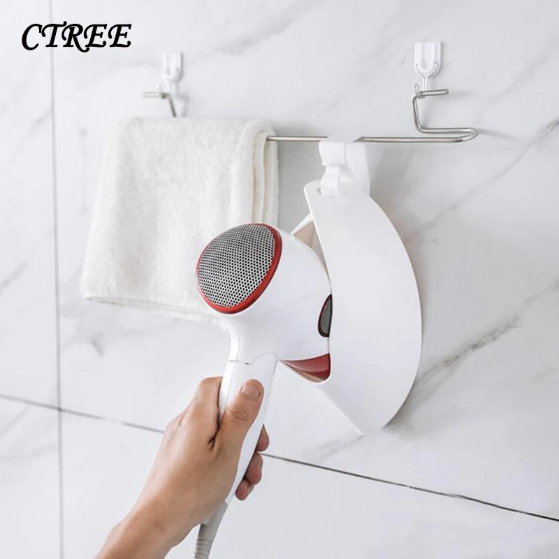 

CTREE Hair Dryer Holder Wall Mounted Rack Bathroom Space Save Shelf Storage Organizer Hairdryer Holder Multifunction Hanger C817