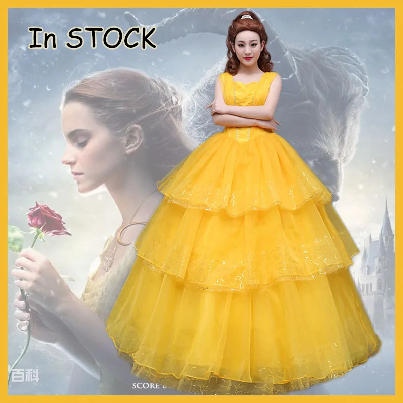 2017 movie Beauty and the Beast Movie Princess Belle Emma Watson adult costumes girl kids children cosplay costume yellow dress