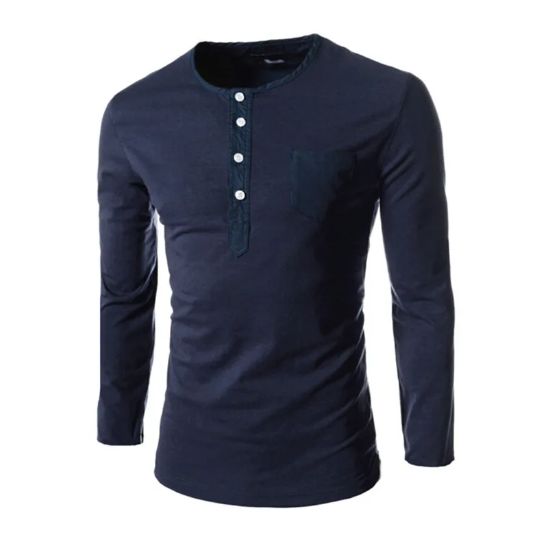 New 2017 Mens Solid Color Long Sleeve T-shirt O Neck Slim Fit Button Up Shirts with Stitching Pocket Black White M-XXL New 2017 Mens Solid Color Long Sleeve T-shirt O Neck Slim Fit Button Up Shirts with Stitching Pocket Black White M-XXL