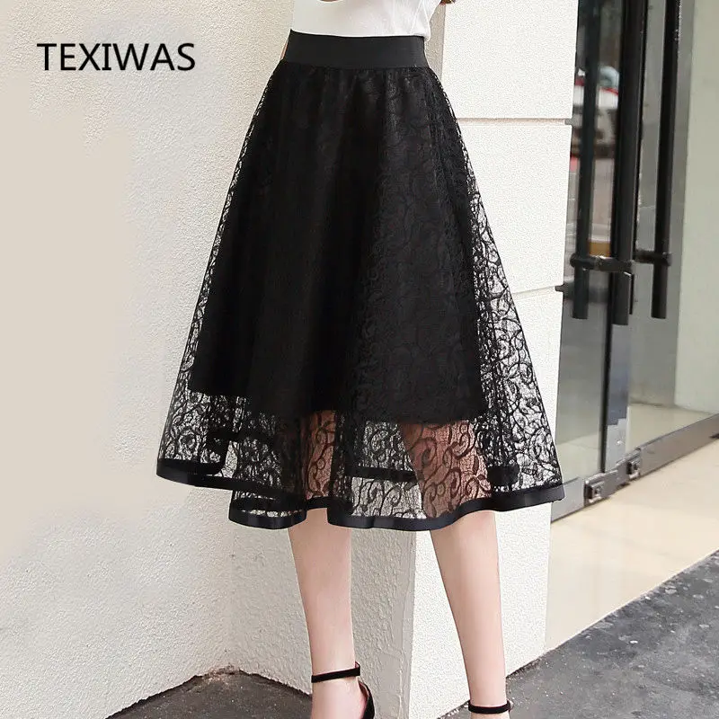 TEXIWAS Women hollow lace patchwork Tulle Midi skirts Pleated elastic waist OL work black white Beach skirts Maxi A-line skirt