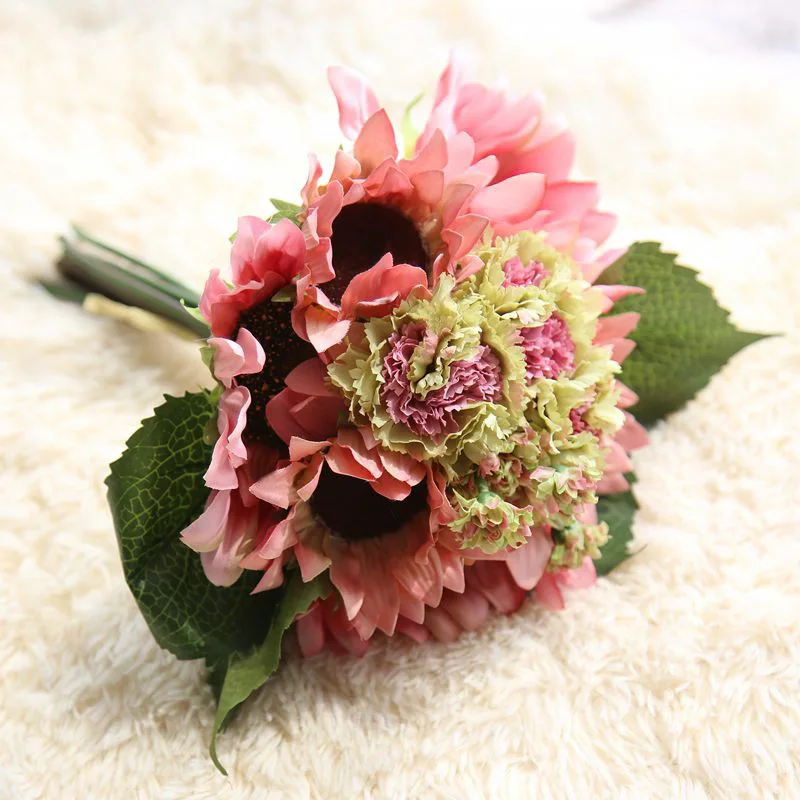 1 букет Искусственный Подсолнух Гвоздика цветок букет 9 цветок головы поддельные лист Свадебные Вечерние