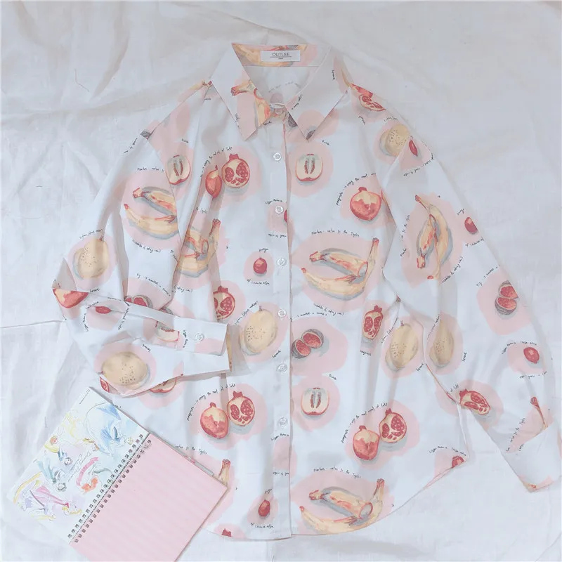  Harajuku Retro Women Blouse Fruit Printed Long Sleeve Loose Turn Down Collar Top Shirts Casual Stud