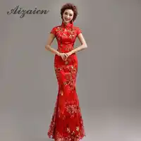 Modern Chinese Traditional Dress Red Long Qipao Lace Mermaid Bride Wedding Cheongsam Vestido Robe Chinoise Oriental Evening Gown