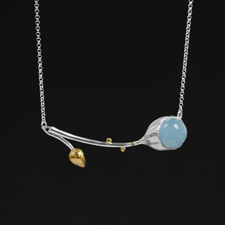 

INATURE Elegant 925 Sterling Silver Lotus Design Natural Blue Aquamarine Pendant Nekclace for Women Jewelry Bijoux Gifts