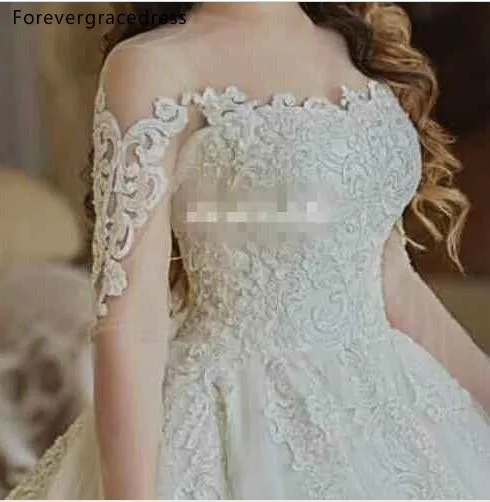 Gorgeous Appliques Lace Ball Gown Wedding Dresses Dubai Arabic Style Vintage Sheer Long Sleeves Long Train Bridal Gowns Formal  208 (3)