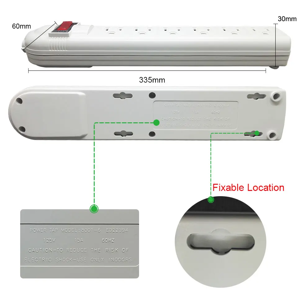 UL Certification US Plug 3 4 6 AC Hole Extension Cord 1.8M Power Strip Overload Protection 1875W 15A AC Outlets Extension Socket