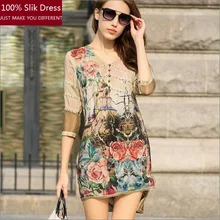 100% Women Summer Slik Dresses 2016 New Fashion Female Flower Print Top Dress Short Sleeve Dress Ladies Mini Slik Dress A80061