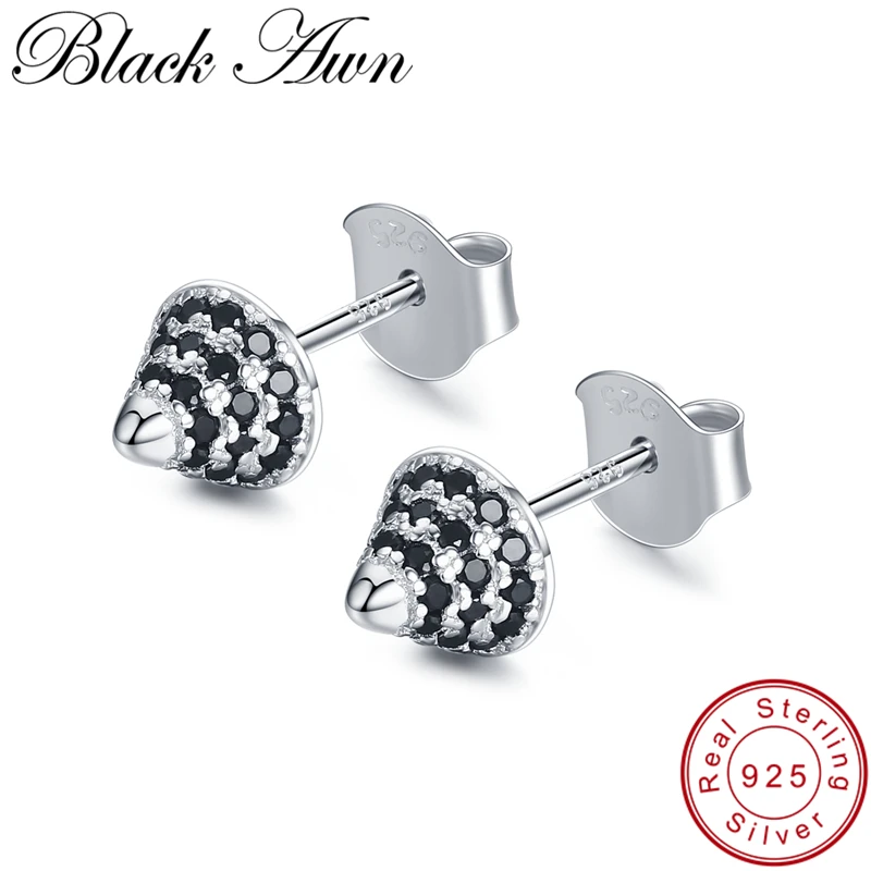 

[BLACK AWN] 925 Sterling Silver Earrings Wedding Black Spinel Stud Earrings for Women Sterling Silver Jewelry I033