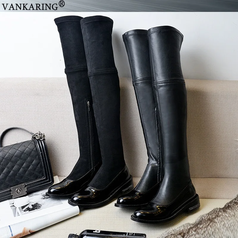 Бренд vankaring/Дизайнерские облегающие Женские Сапоги выше колена; сапоги до бедра из мягкой кожи; черные осенне-зимние сапоги; женская обувь